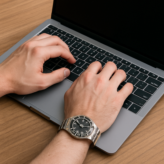 Man with watch typing on laptop